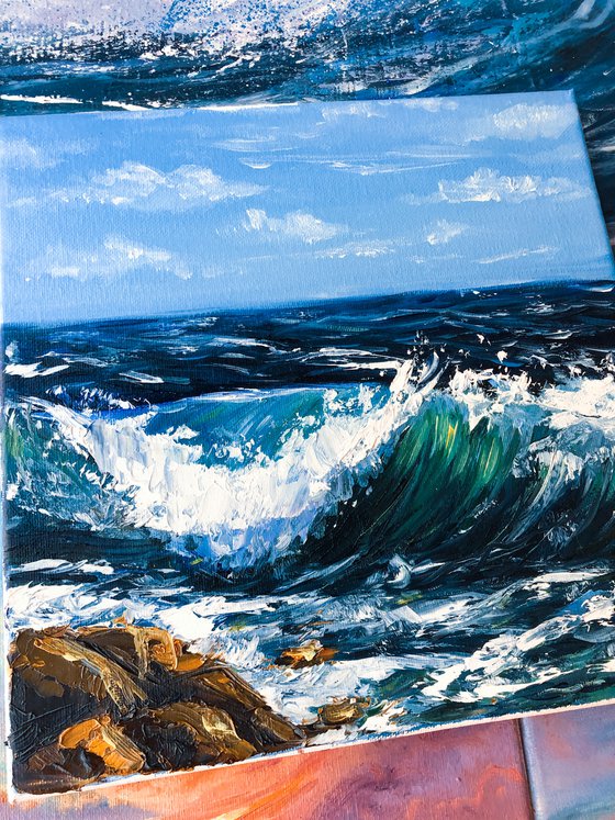 SEA SALT, Original Oil Color Blue Waves Seascape Painting