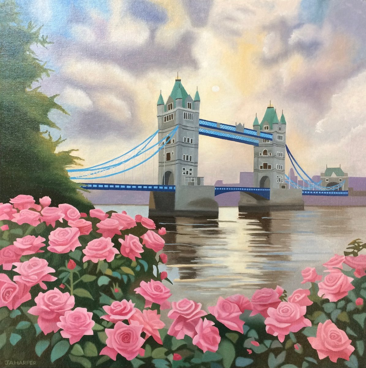 Photorealistic Oil Painting , Tower Bridge With Roses By Jill Ann Harper, 18 X 18, Artwork For Sale On Artfinder