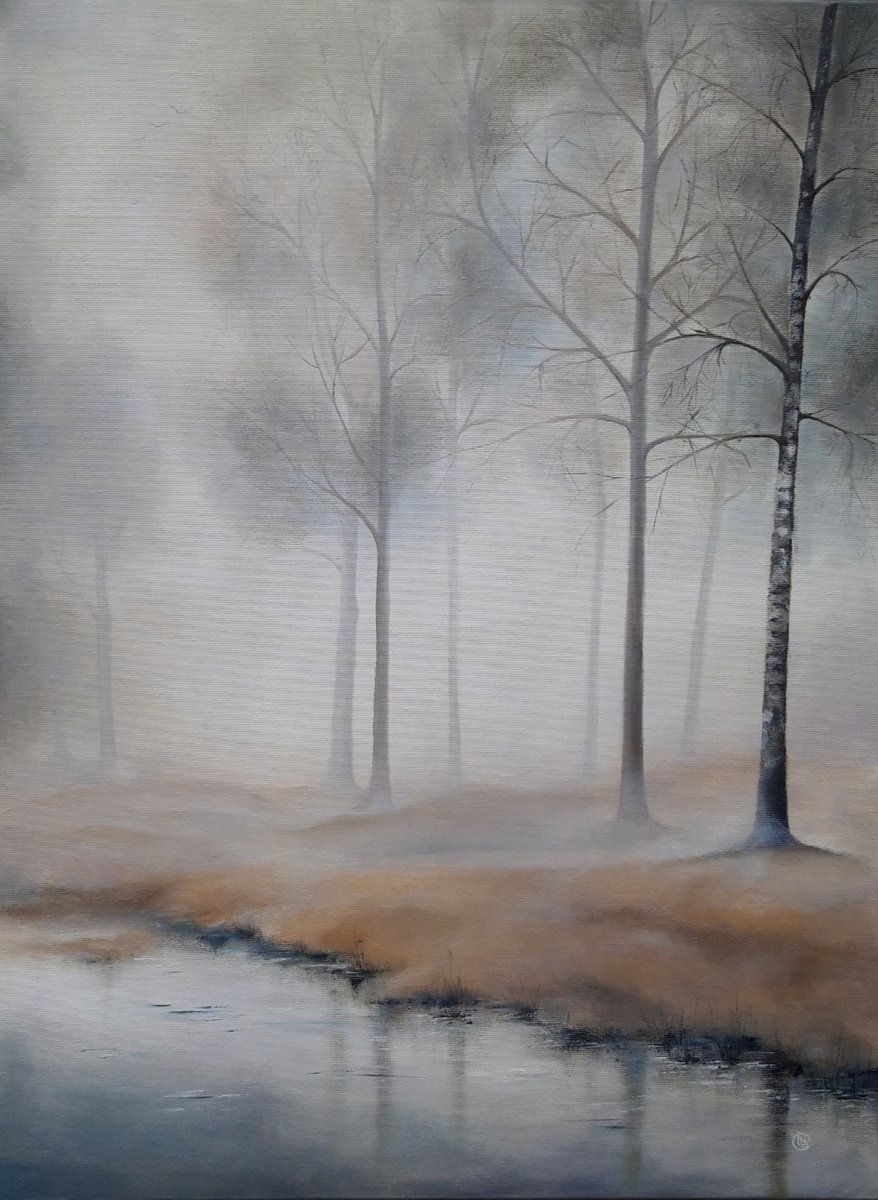 Impressionistic Landscape Oil Painting By Natalia Langenberg, 24 X 32", Misty Forest By The Water, Original Artwork