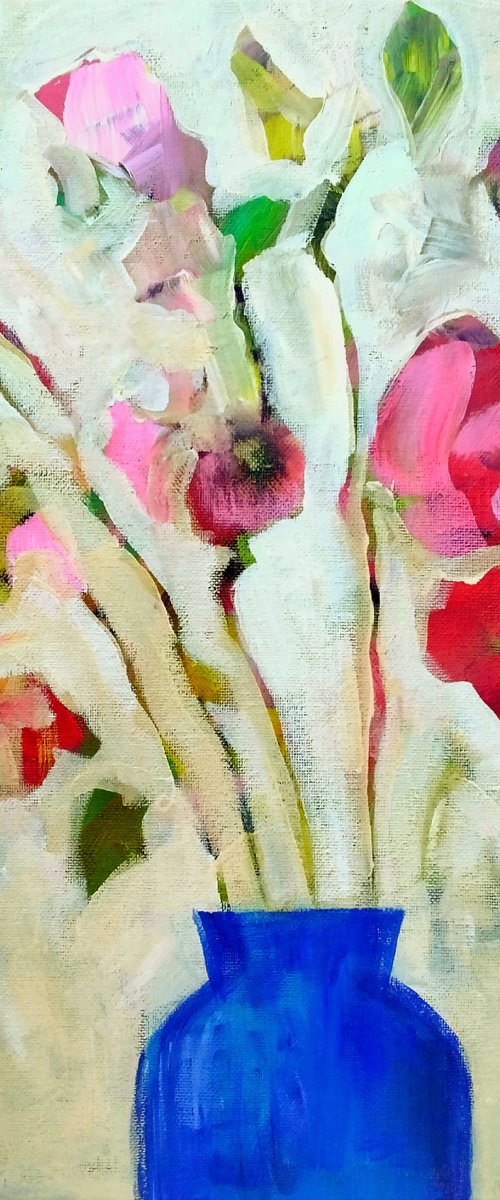 Garden Flowers in a Blue Vase by Jan Rippingham