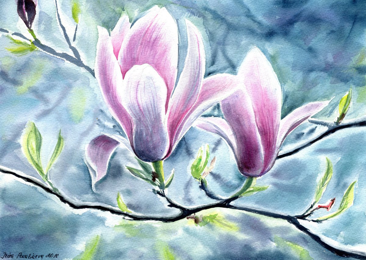 Magnolia flower watercolor original artwork, 35 x 25 cm, floral painting, pink flowers wal... by Irina Povaliaeva