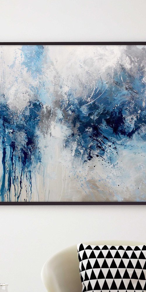 "Evening rain" Blue navy acrylic abstract art by Nina Smykal