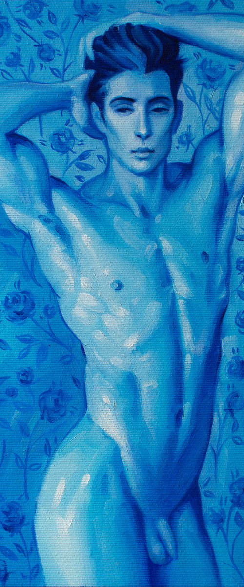 BLUE FLOWERS by Yaroslav Sobol (Modern Abstract Figurative Oil painting of a Man Nude Male Model Gift Male Nude Home Decor) by Yaroslav Sobol