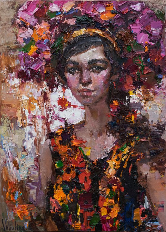 Girl with flowers - Original oil female portrait painting