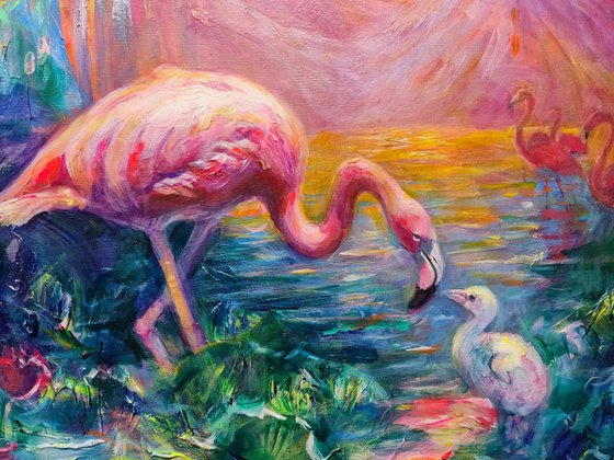 Sunset with Pink Flamingos. Impasto painting