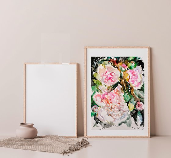 Peonies painting, Watercolor painting