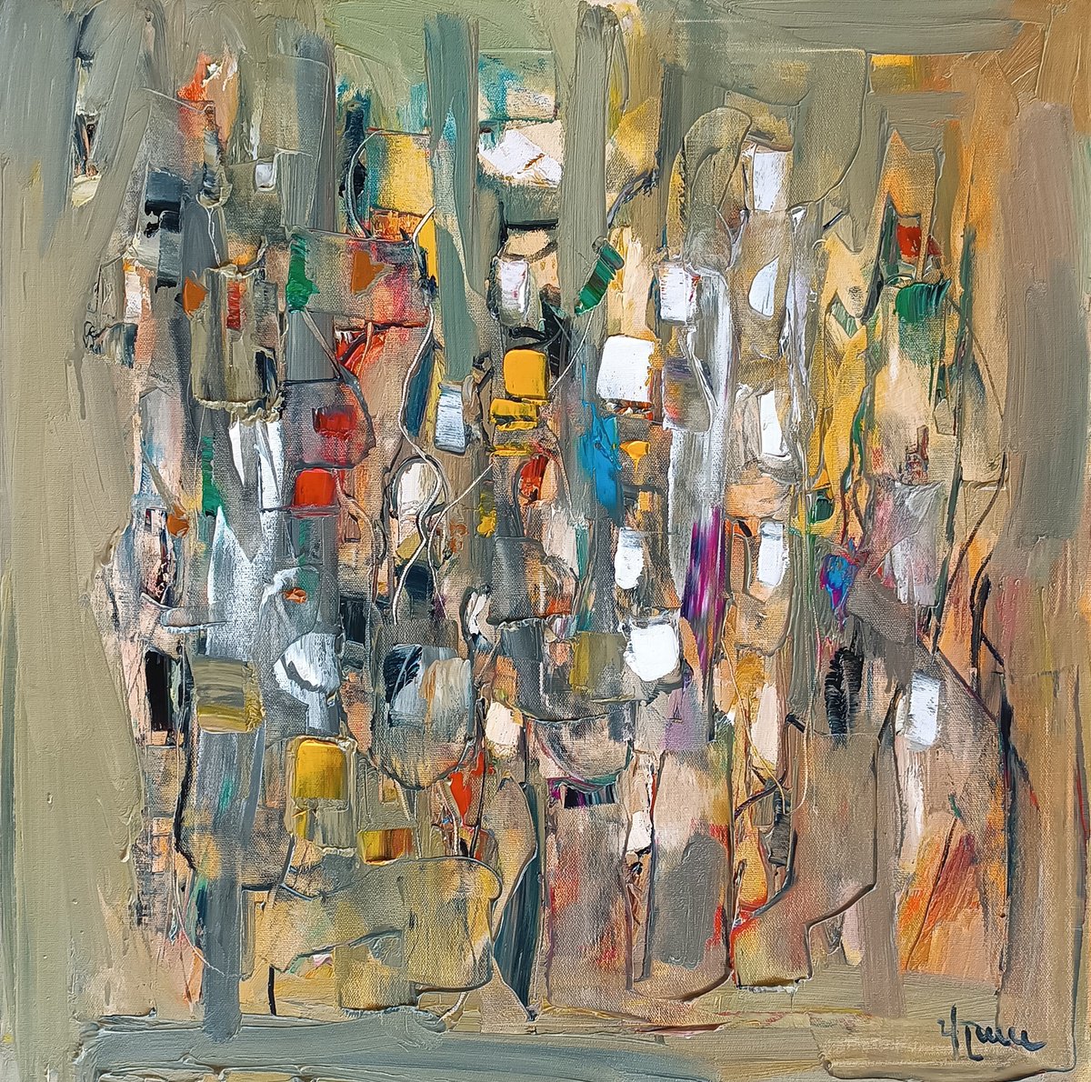 Abstract Oil Painting By Vlas Ayvazyan, 28 X 28", Layers Of Memory, Original Artwork