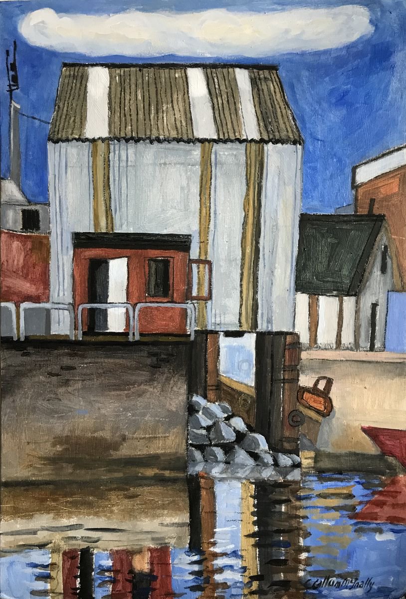 Expressive Cityscapes Acrylic Painting By Christine Callum Mcinally, 13 X 20, Mallaig Boatyard Shed, Original Artwork