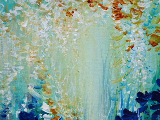 Abstract Landscape Painting "Magic Forest". Floral Abstract Tropical Flowers and Birds. Original Blue Teal Green Painting on Canvas. Modern Impressionism Art