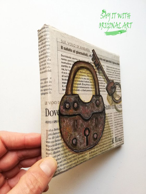 "Padlock on Newspaper" Original Oil on Canvas Painting 6 by 6 inches (15x15x0.7 cm)