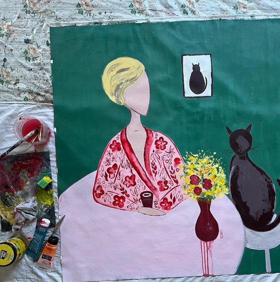 Woman with Cat Original Painting