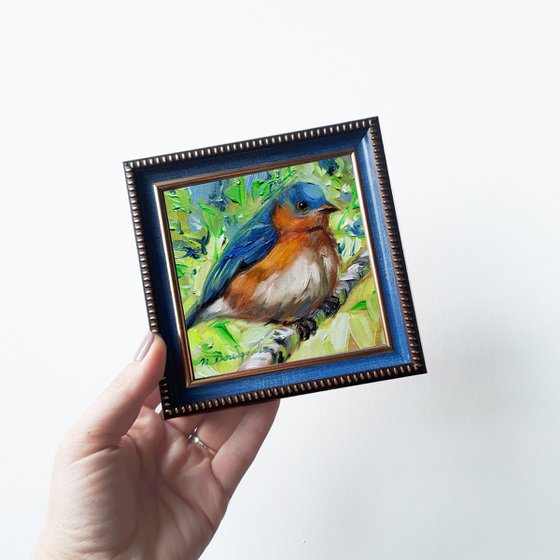 Blue bird painting original in oil 4x4, Eastern Bluebird art illustration small art framed, Bird lovers gift