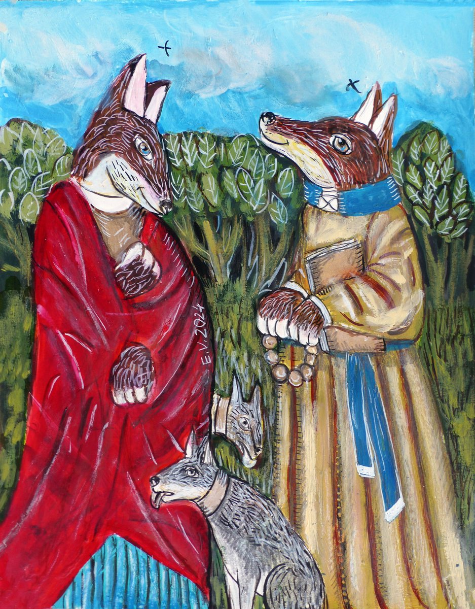 Surrealistic Animal Painting By Elizabeth Vlasova, 11 X 14, The Parable Of The Two Foxes, Original Artwork