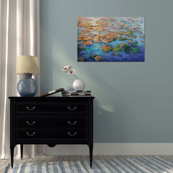 Painting - Water lilies at sunset - lily pond, original oil