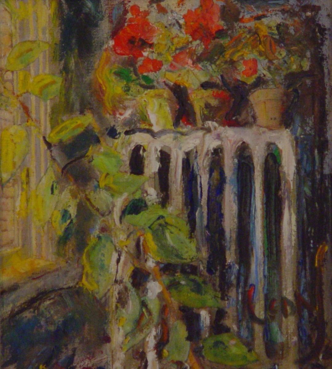 Impressionistic Still Life Painting By Leon Sarantos, 16 X 18", Three Potted Geraniuums, Original Artwork