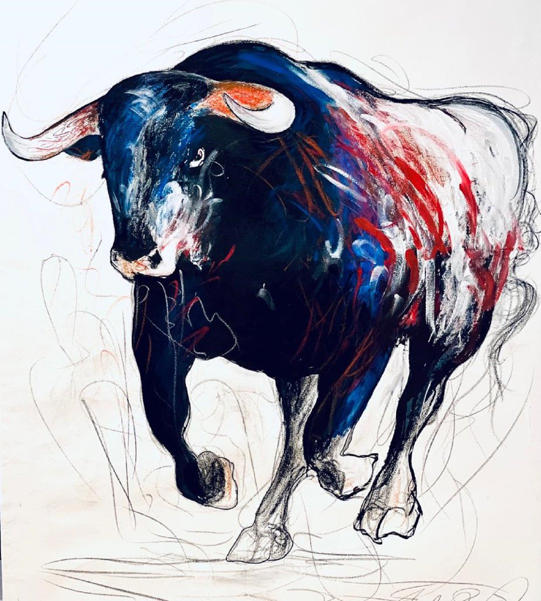 Expressive Animal Painting By Shabs Beigh, 43 X 47", Galloping Bull 2, Original Artwork