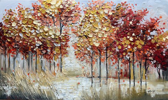 Quiet Nature - Abstract Colorful Trees Painting, Blossom Landscape Canvas Wall Art Painting, Large Abstract Red Flower Tree