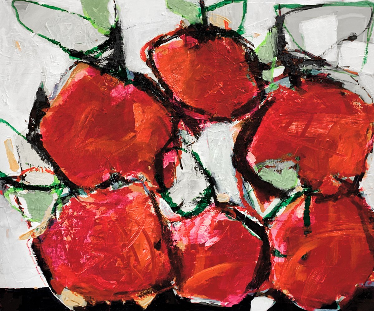 Impressionistic Still Life Oil Painting By Irene Wilkes, 24 X 20, Five Apples, Original Artwork