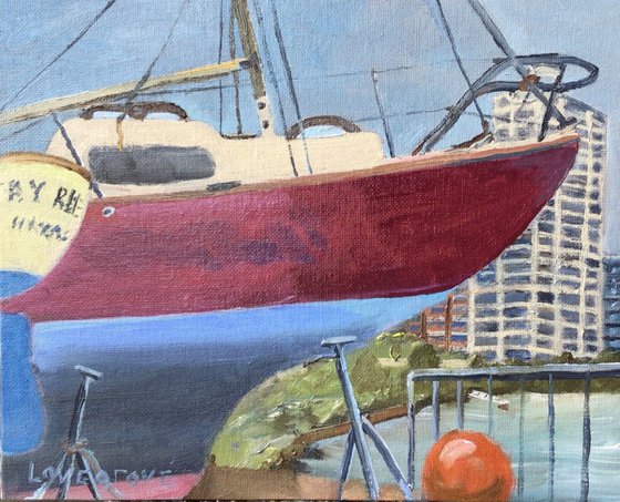 Yachts under repair, oil painting