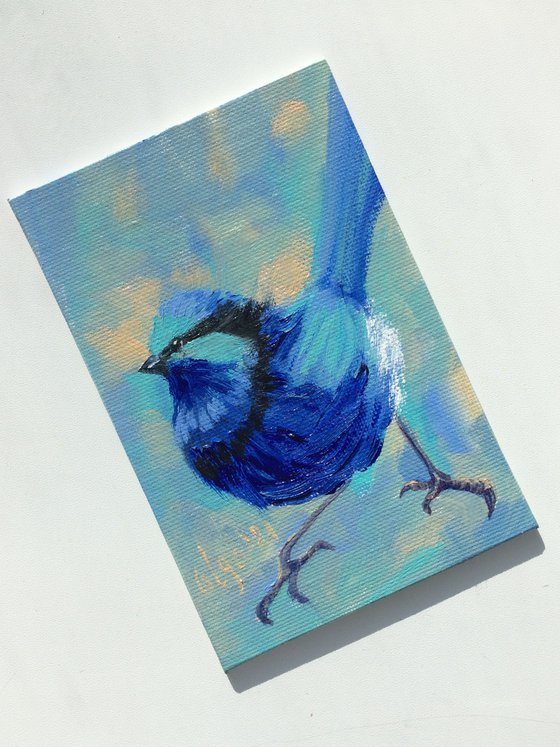 Blue bird n2, miniature original oil painting.