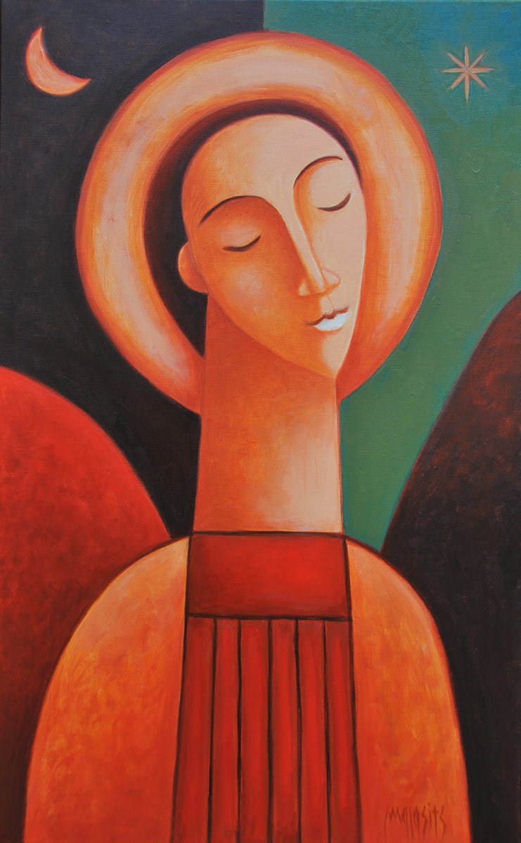 Surrealistic Portrait Oil Painting By Malasits Zsolt, 20 X 31", Guardian Angel 6., Original Artwork