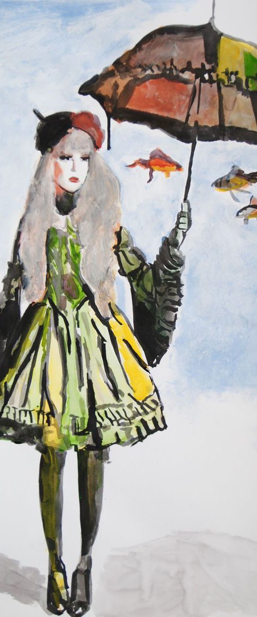 Girl, umbrella  and goldfish  / 70 x 49.5 cm by Alexandra Djokic