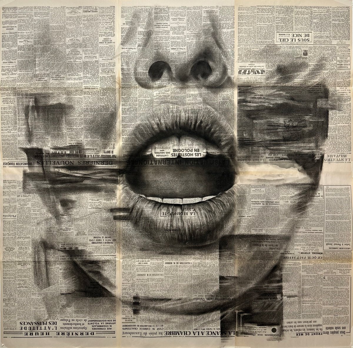 Photorealistic Portrait Pastel Drawing By Julia Shilo, 46 X 46", Large Concept Portrait On Vintage Newspapers, Original Artwork