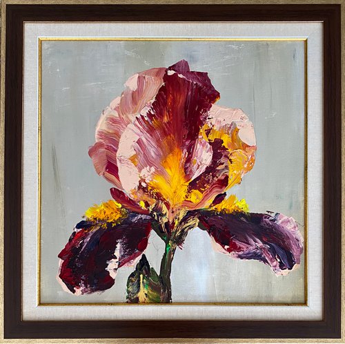 Iris in maroon original painting on canvas acrylic flowers by Oksana Petrova