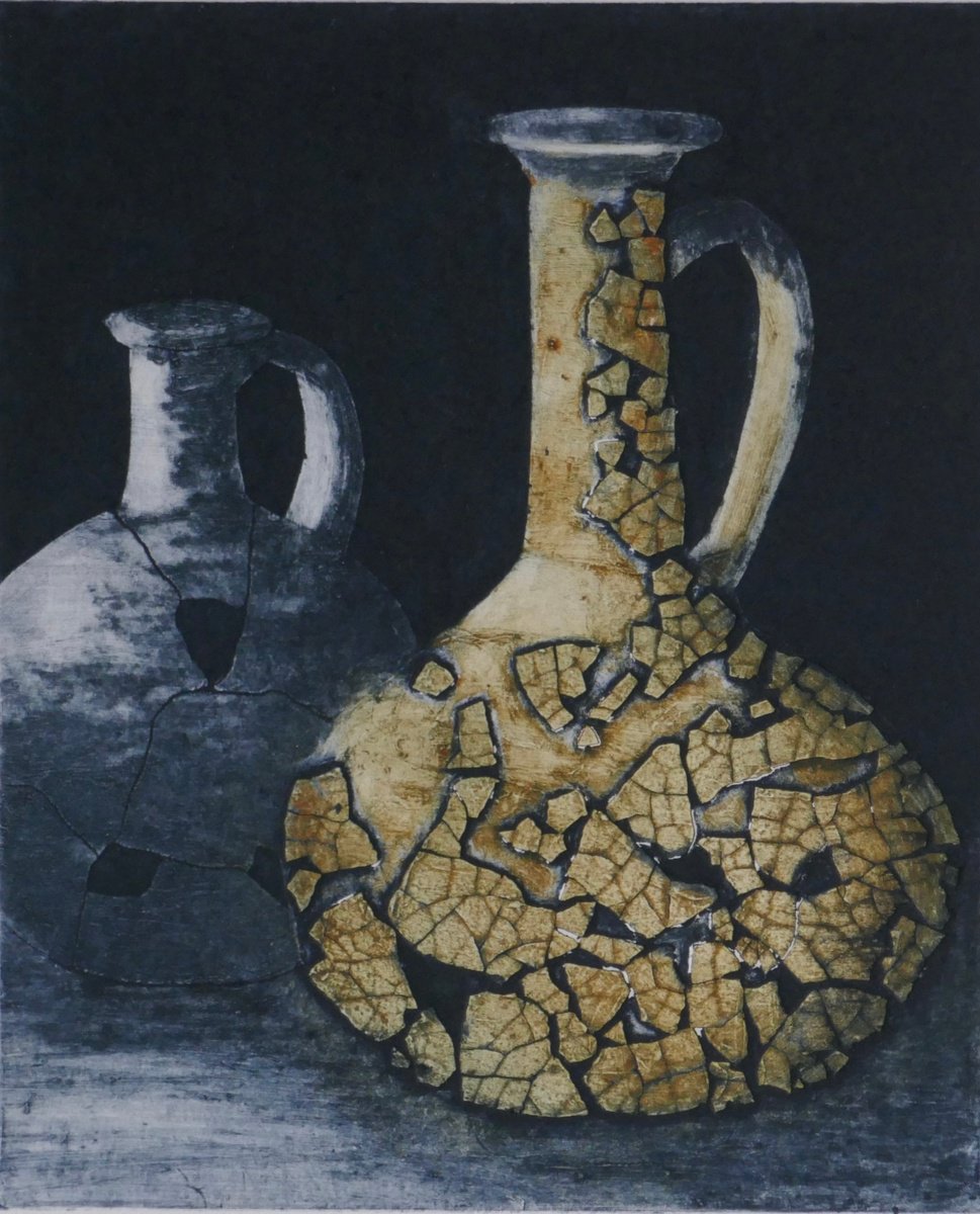 Impressionistic Still Life Limited Edition Print By Sue Roe, 9 X 9", Cracked Pots, Original Artwork