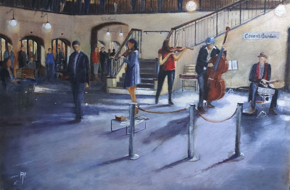 Impressionistic Cityscapes Acrylic Painting By Alan Harris, 24 X 16, Covent Garden Buskers, Original Artwork