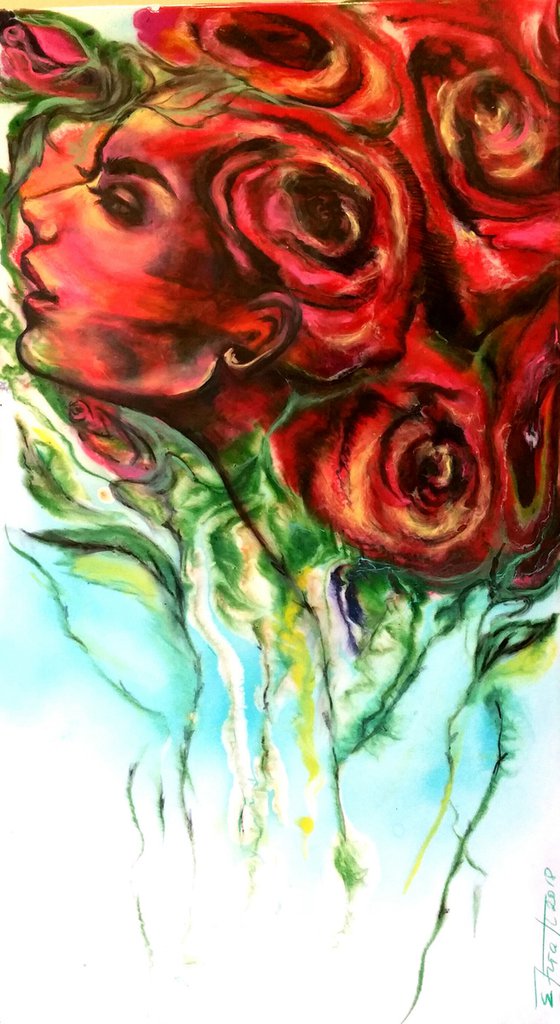 "My name is Rose"Contemporary oil and resin  painting on  board, 50x90x1,2cm, ready to hang