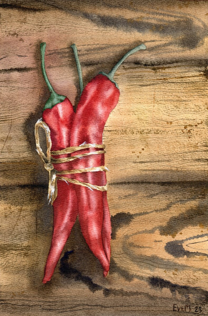 Still life with red peppers on a wooden board. Farmer