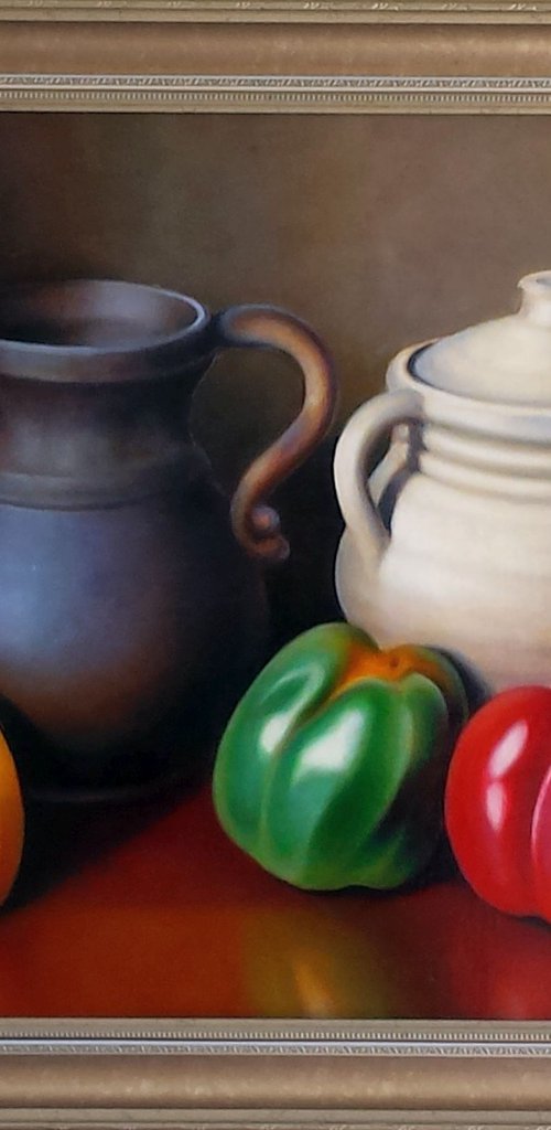 Peppers and pottery by Valentinas Yla
