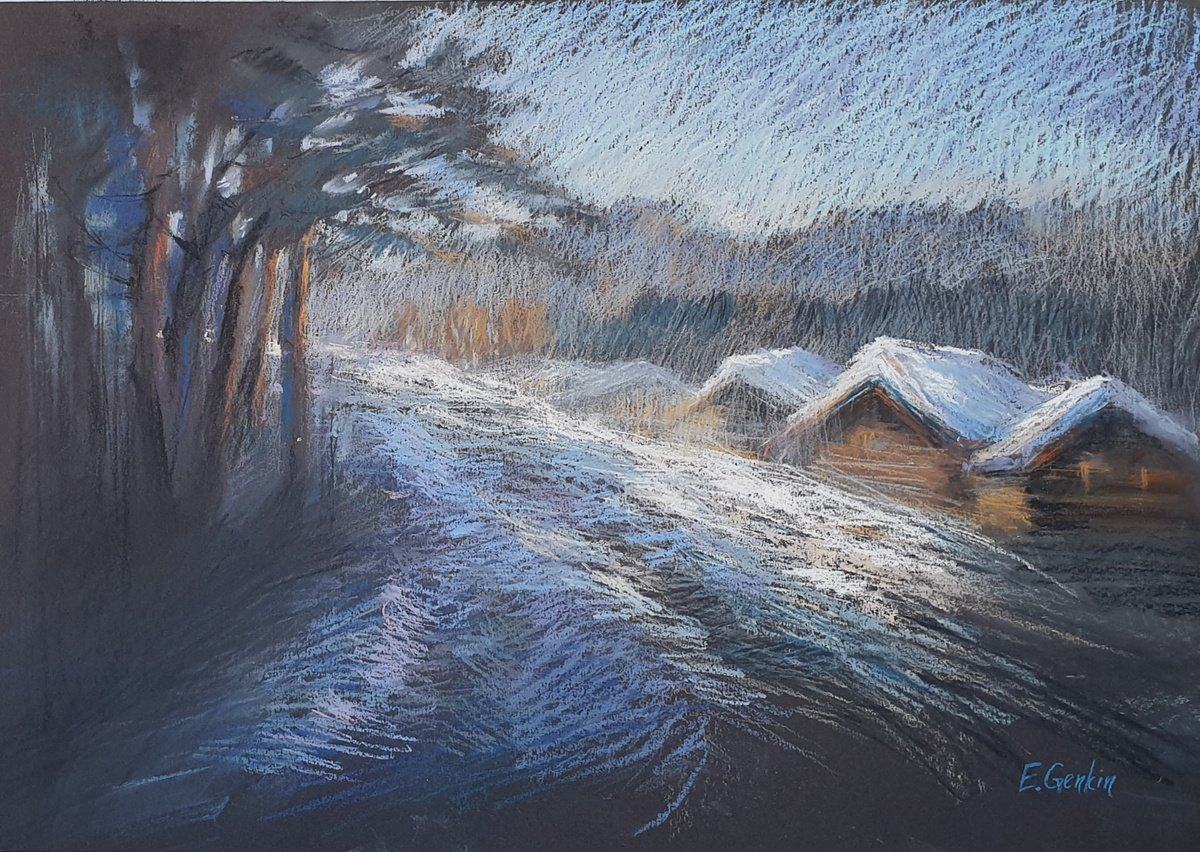 Impressionistic Landscape Pastel Drawing By Elena Genkin, 18 X 14, Winter. Snowscape, Original Artwork