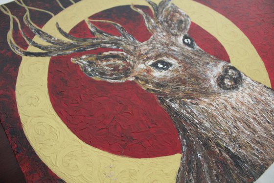 The Golden Ring and Stag - Palette Knife - Acrylic painting on canvas board - animal art - affordable art - animal lovers gift