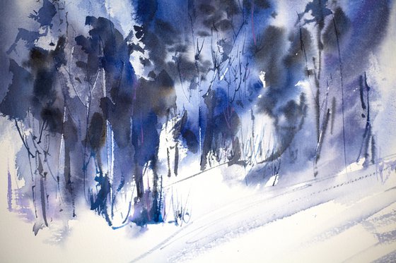 Winter forest. Blue. Abstract nature medium size original watercolor interior decor dark cold freeze