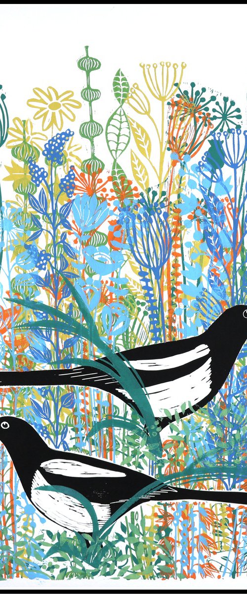 Magpies in the wildflowers by Mariann Johansen-Ellis