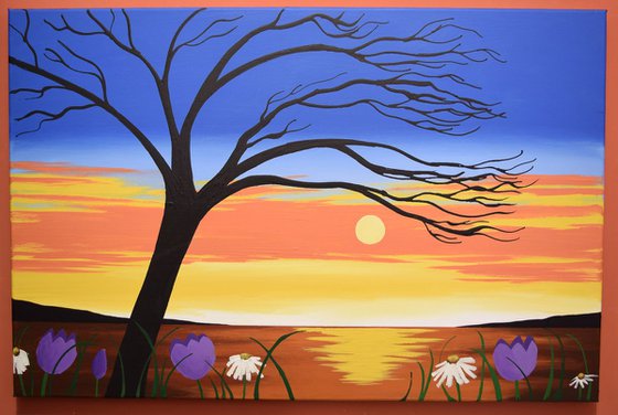 landscape painting large wall art original abstract "Sunset Glory" painting art canvas colour gold paint red yellow sky blue - 24 x 36