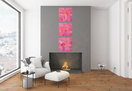 Behind the pink clouds - triptych abstract painting