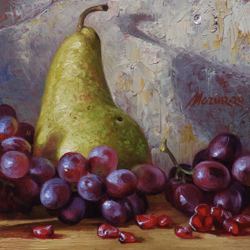 Green pear, blue grapes by Nik Mazur