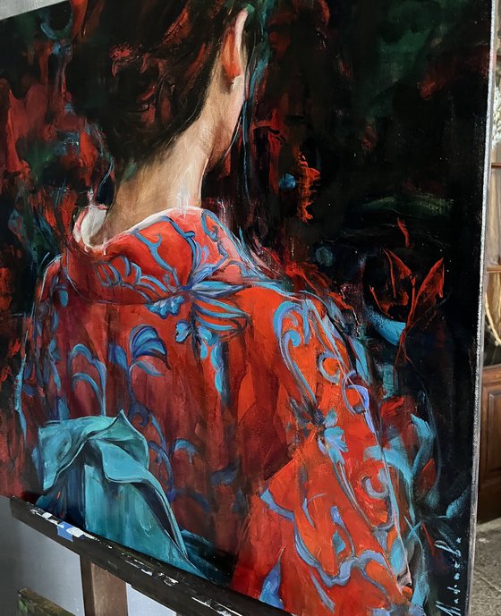 RED BLUE-GIRL IN KIMONO