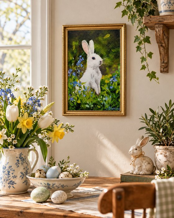 White Rabbit with Blue Flowers