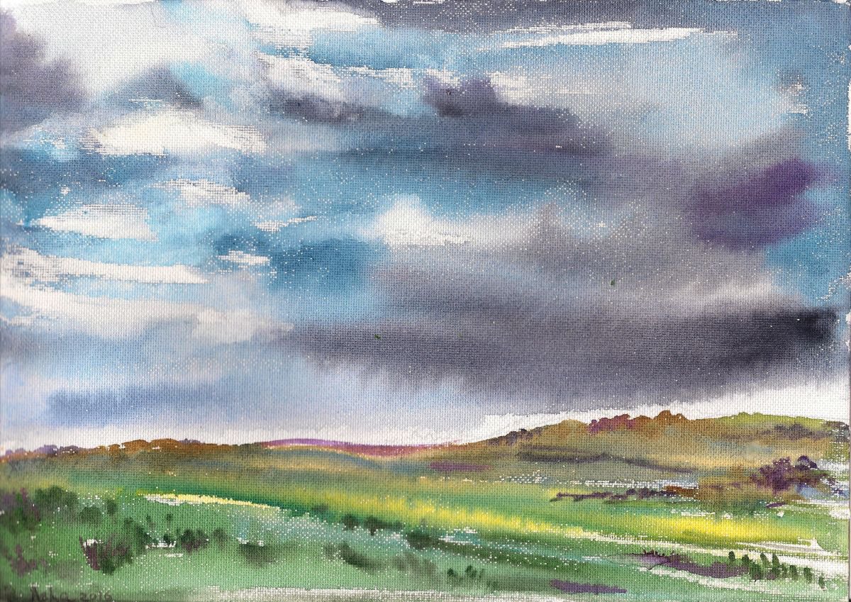 Landscape Cloudy fields in Watercolor 11.75x 8.25 by Asha Shenoy