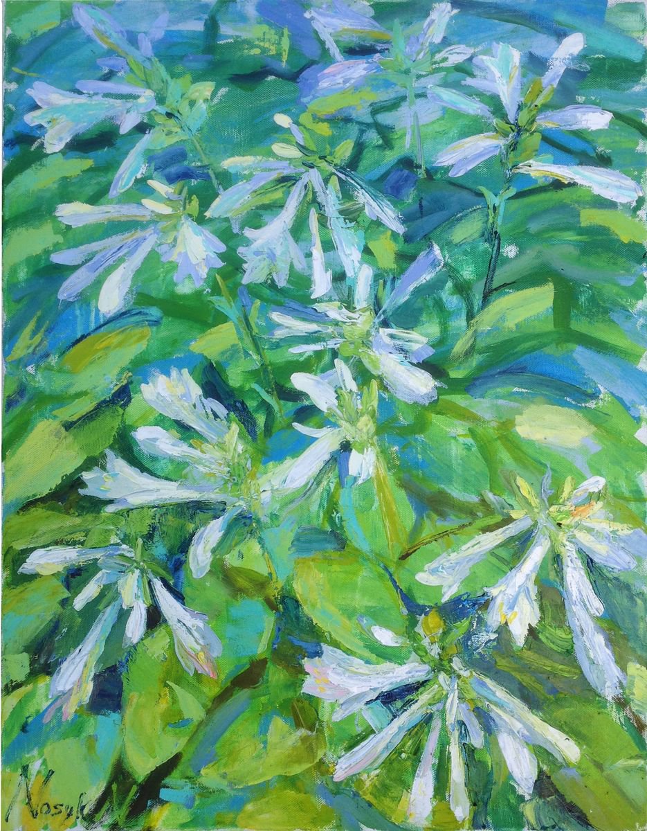 Summer garden . Hosta lily flowers original oil painting modern summer august leaves by Nataliia Nosyk