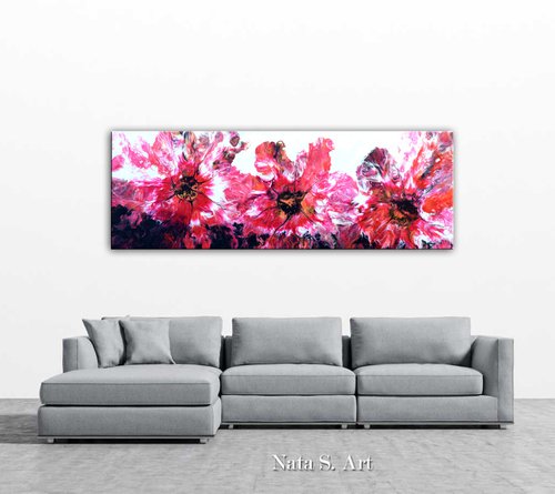 Red Flowers - Large Painting 72" x 24" by Nataliya Stupak