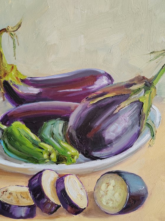 Blue Eggplant Vegetables in a Plate with olive oil still life painting