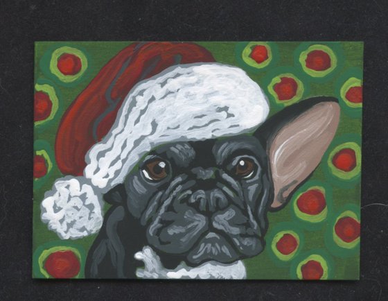 ACEO ATC Original Painting Christmas French Bulldog Pet Dog Art-Carla Smale