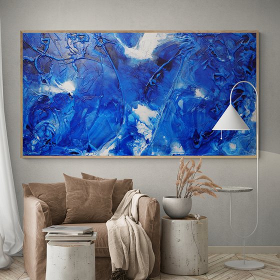 Sapphire Wash 190cm x 100cm Blue Ink Textured Abstract Art