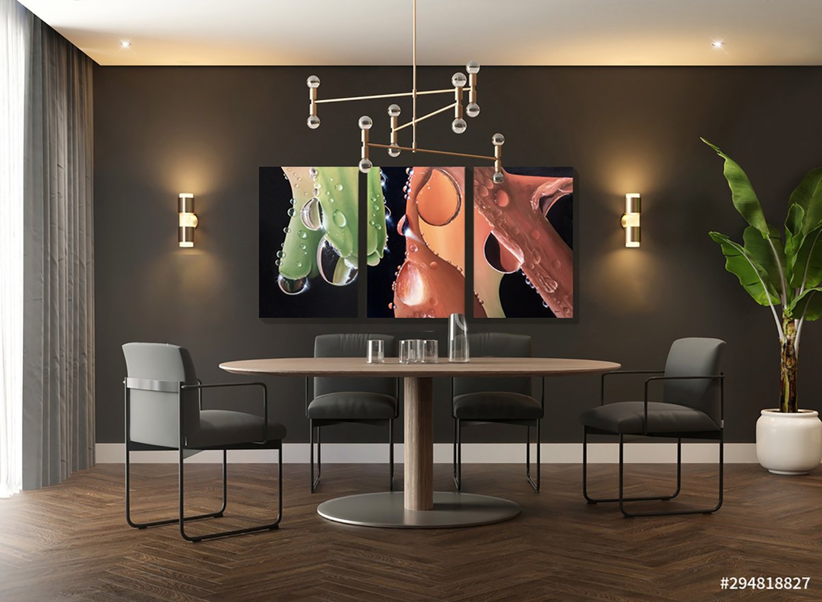 Photorealistic Botanical Oil Painting By Juan Bernal, 94 X 40", Cristal Droplets, Original Artwork