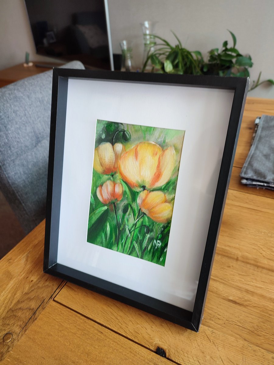 Yellow poppies, original framed floral acrylic painting, gift idea by Nataliia Plakhotnyk